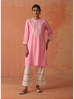 Lakshita - Pink Embroidered Cotton Linen Kurta
