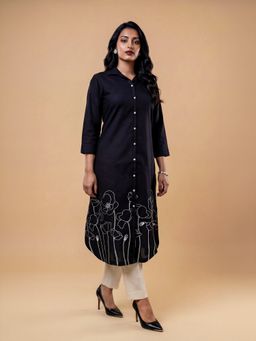 VISMAY - Black Cotton Flax Plain Flared Kurta