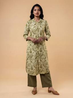 VISMAY - Olive Green Cotton Flax Printed Kurta