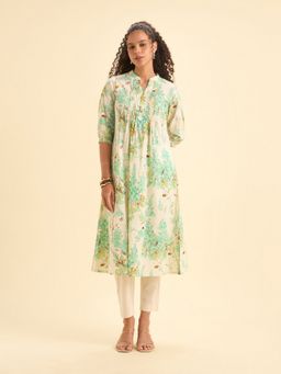 VISMAY - White Cotton Flared Floral Printed Kurti