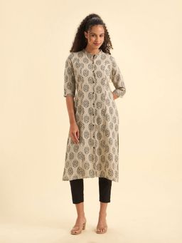VISMAY - Beige Colour Cotton Flax Block Printed Kurti