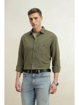 Louis Philippe - Men Olive Solid Full Sleeves Shirt