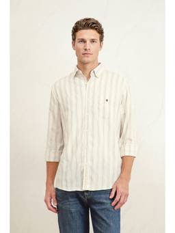 Louis Philippe - Men Beige Stripes Full Sleeves Shirt