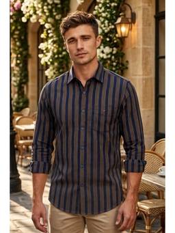 Louis Philippe - Men Navy Blue Stripes Full Sleeves Shirt