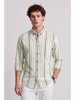 Peter England - Men Green Stripes Full Sleeves Shirt