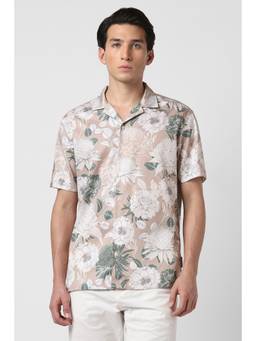 Van Heusen - Men Beige Floral Printed Half Sleeves Shirt