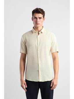 Van Heusen - Men Cream Textured Half Sleeves Shirt