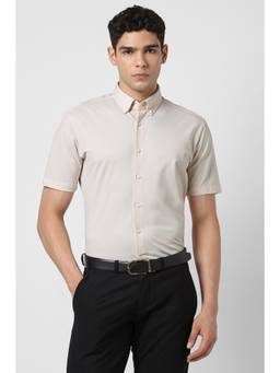 Van Heusen - Men Cream Textured Half Sleeves Shirt