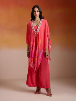 Gajra Gang - Bonjour Baegum Coral Georgette Printed & Embroidered Cape Top Pant (Set of 3)