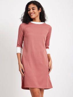 FableStreet - Colour Block Quarter Sleeves Dress - Dusty Pink