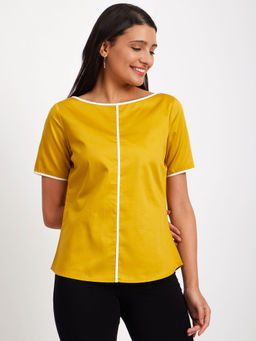 FableStreet - Boat Neck Colour Block Top - Mustard And White