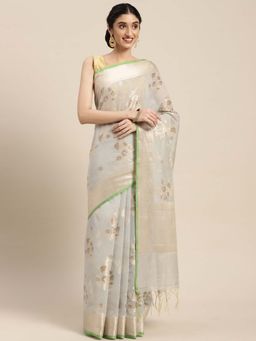 Banarasi Silk Works - Grey Masrise Cotton Alfi Boota Zari Border Saree with Unstitched Blouse