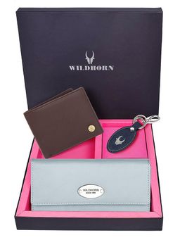 WILDHORN - Premium Leather Ladies Wallet, Mens Wallet and Keychain Gift -1K_EBL_2052BRN_K (Set of 3)
