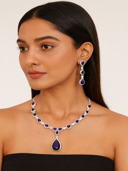 JEWELZ - Purple Brass Silver Plated Necklace with Pair Of Earring