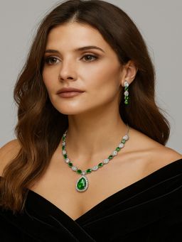 JEWELZ - Green Brass Silver Plated Necklace with Pair Of Earring
