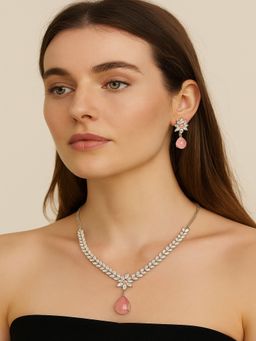 JEWELZ - Pink Brass Silver Plated Necklace with Pair Of Earring