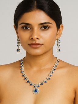 JEWELZ - Blue Brass Silver Plated Necklace with Pair Of Earring