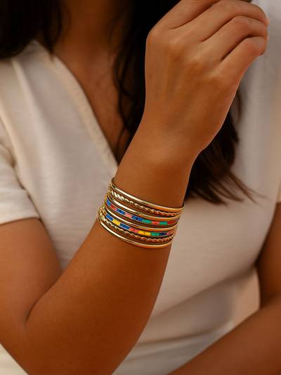 Multi-Color Alloy Gold Plated Bangles (Pack of 9)