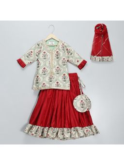 The Little Tales - Mughal Printed Kurta with Ruffle Lehenga & Dupatta (Set of 3)
