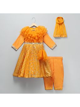 The Little Tales - Orange Frilly Chanderi Anarkali with Pant & Dupatta (Set of 3)