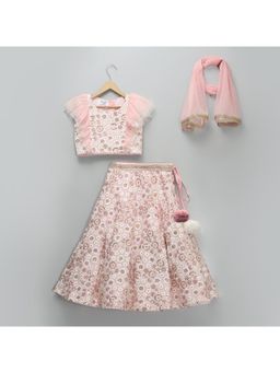 The Little Tales - Pink Frilly Chanderi Blouse with Skirt & Dupatta (Set of 3)