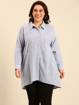 THE PINK MOON - Cotton Blue Striped Long Line Button-Down Shirt