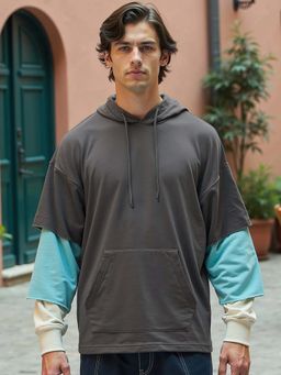 Bewakoof - Men's Grey Color Block Oversized Hooded T-shirt