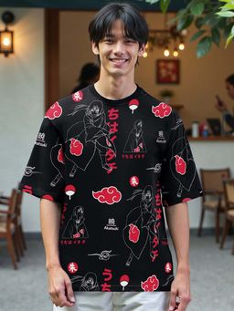 Bewakoof - Men's Black Naruto All Over Printed Oversized T-shirt