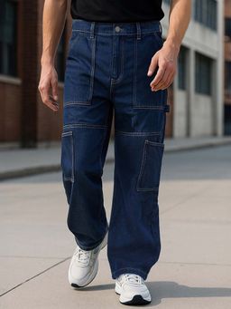 Bewakoof - Men's Blue Washed Baggy Fit Carpenter Mid-Rise Jeans