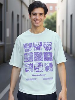 Bewakoof - Air 1.0 Men's Ice Melt Bue Blooming Flower Graphic Printed Oversized T-shirt