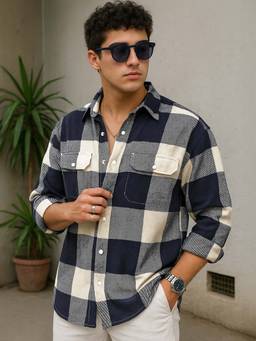 Bewakoof - Men's Blue & Off White Checked Oversized Shirt
