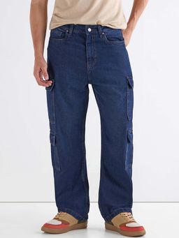 Bewakoof - Men's Mid Blue Baggy Fit Washed Cargo Mid-Rise Jeans