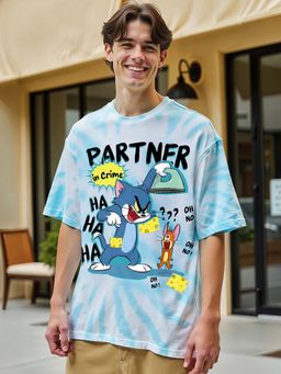 Bewakoof - Official Tom & Jerry Men's White & Blue Graphic Printed Tie & Dye Oversized T-shirt
