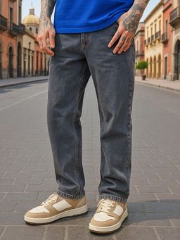 Bewakoof - Men's Dark Grey Slim Straight Fit Stretchable Washed Mid-Rise Jeans