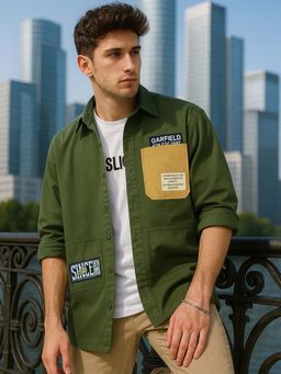 Bewakoof - Men's Moss Green Batch Printed Oversized Shirt