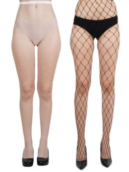 NEXT2SKIN - Women Fishnet Mesh Pantyhose Stockings White & Black, MediumNet -XLargeNet (Pack of 2)