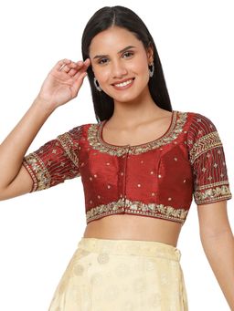SALWAR STUDIO - Women Maroon Silk Blend Embroidered Readymade Saree Blouse