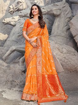 Odette - Orange Banarasi Silk Floral Designer Saree with Unstitched Blouse