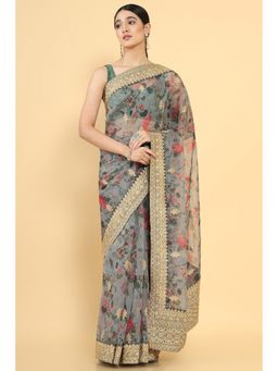 Soch - Women Grey Organza Floral Saree with Unstitched Blouse