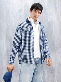 WROGN - Mens Causal Oversized Fit Checkered Pattern Blue Shirt