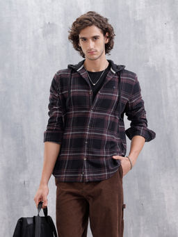WROGN - Brushed Flannel Hooded Slim Fit Check Shirt