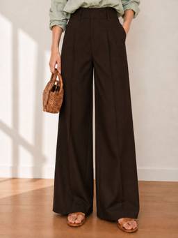 DELAN - Women Brown High-Rise Double Pleated Wide Leg Trouser