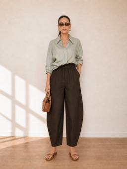 DELAN - Women Brown High-Rise Barrel Leg Trouser