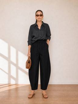 DELAN - Women Black High-Rise Barrel Leg Trouser