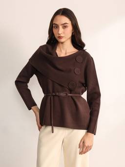 Kazo - Women Brown Matte Jacket with Belt