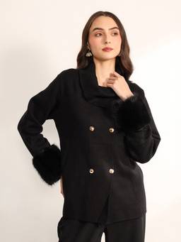 Kazo - Women Black Rim Removable Cuff Jacket
