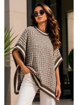 LASOON - Taupe Women's Trendy Cable Knit Poncho Sweater