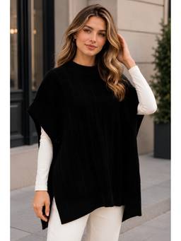 LASOON - Black Women's Trendy Printed Knitted Poncho Sweater