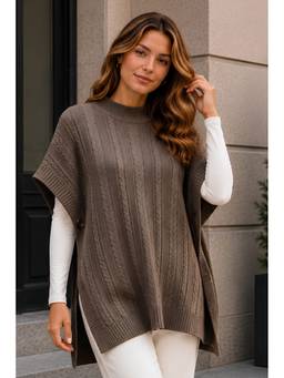 LASOON - Grey Women's Trendy Printed Knitted Poncho Sweater