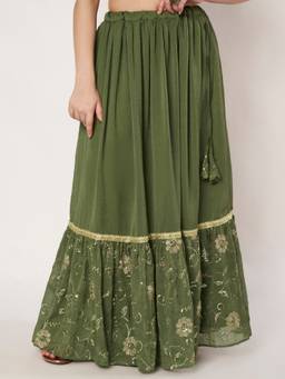 Studio Rasa - Green Georgette Embroidered Tiered Skirt